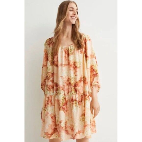 H&M Women peach Green Hydrangea Print Floral Ballon Sleeve Dress Size M - Picture 1 of 14
